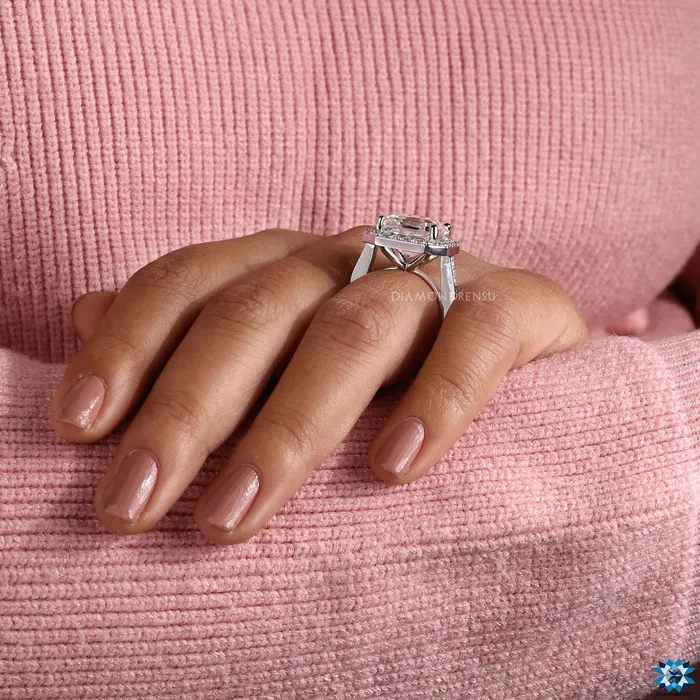 Cathedral Set Asscher Cut Moissanite Halo Engagement Ring Diamondrensu Rings
