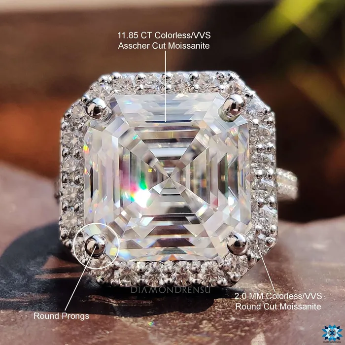 Cathedral Set Asscher Cut Moissanite Halo Engagement Ring Diamondrensu Rings