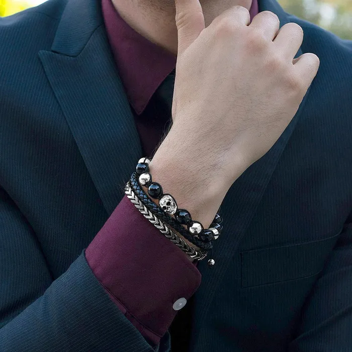 Crucible Polished Skull and Polished Black Onyx Nylon Cord Bracelet Invicta Jewelry Bracelets