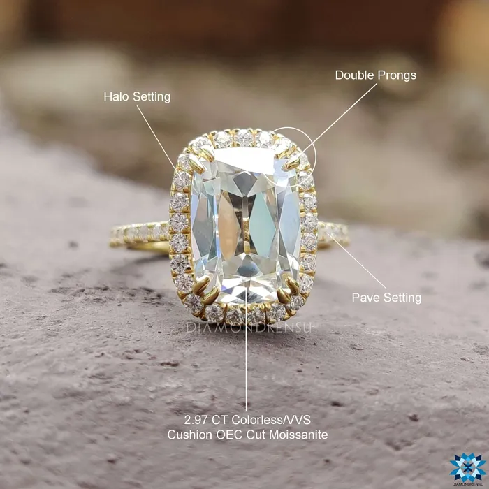 Diamondrensu Rings 344 TCW Cushion OEC Cut Halo Pave Set Moissanite Wedding Ring