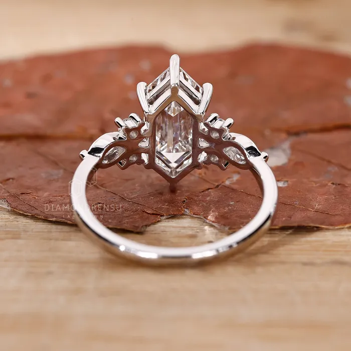 Diamondrensu Rings Elongated Hexagon Engagement Ring with Nature Inspired Design