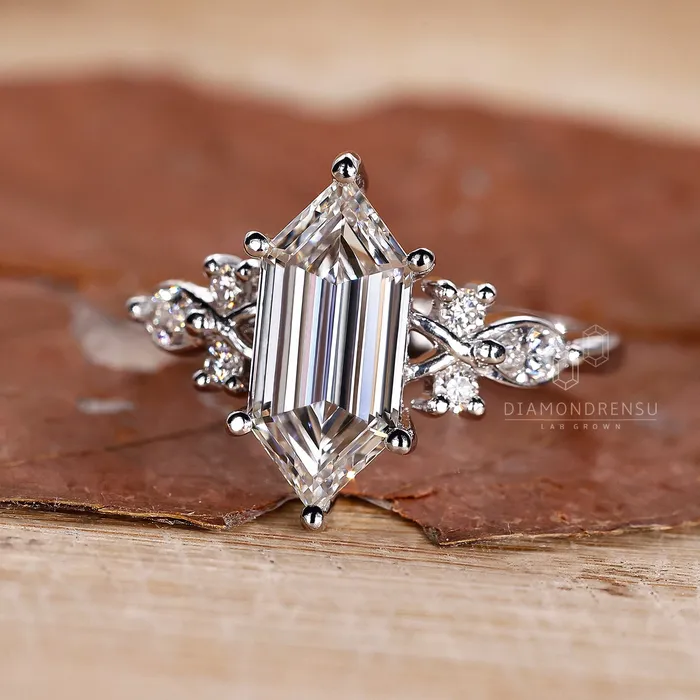 Diamondrensu Rings Elongated Hexagon Engagement Ring with Nature Inspired Design