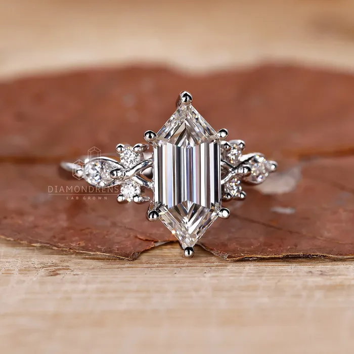 Diamondrensu Rings Elongated Hexagon Engagement Ring with Nature Inspired Design