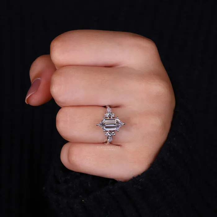 Diamondrensu Rings Elongated Hexagon Engagement Ring with Nature Inspired Design