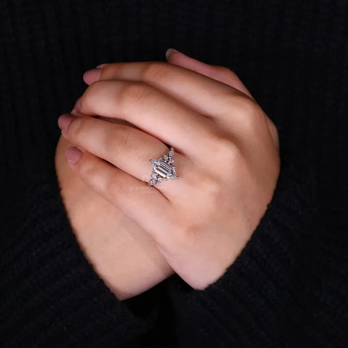Diamondrensu Rings Elongated Hexagon Engagement Ring with Nature Inspired Design