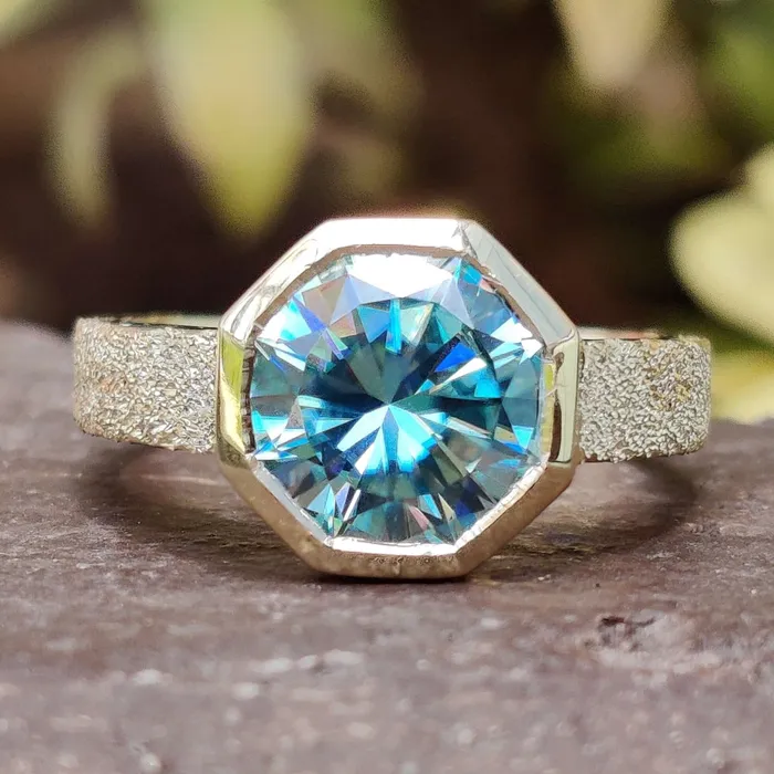 Diamondrensu Rings Sandblast Bezel Setting with 342 CT Cyan Blue Octagon Moissanite Engagement Ring Diamondrensu Rings Sandblast Bezel Setting with 342 CT Cyan Blue Octagon Moissanite Engagement Ring
