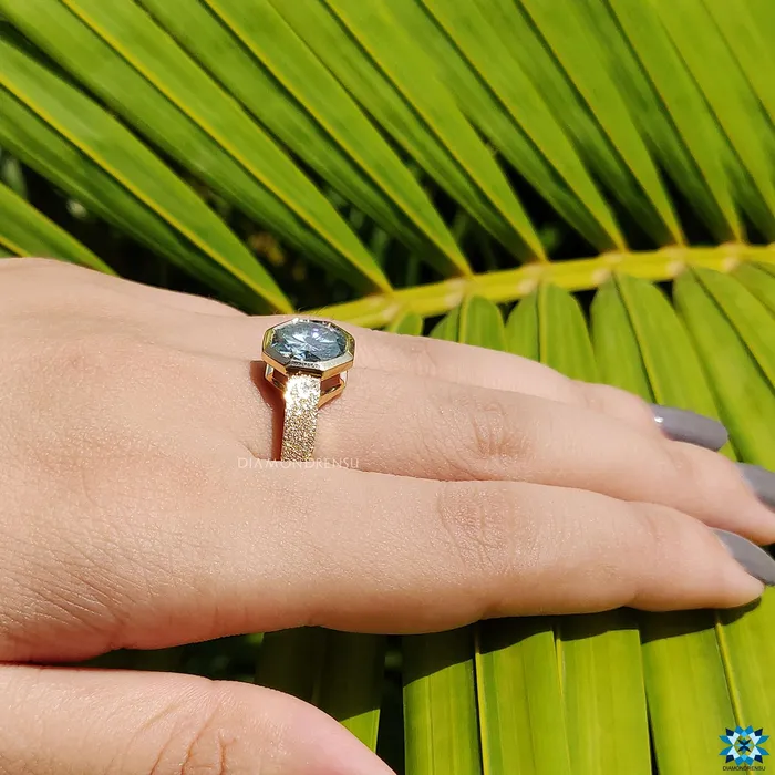 Diamondrensu Rings Sandblast Bezel Setting with 342 CT Cyan Blue Octagon Moissanite Engagement Ring