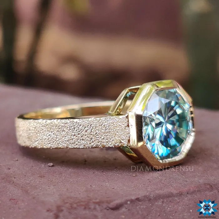 Diamondrensu Rings Sandblast Bezel Setting with 342 CT Cyan Blue Octagon Moissanite Engagement Ring