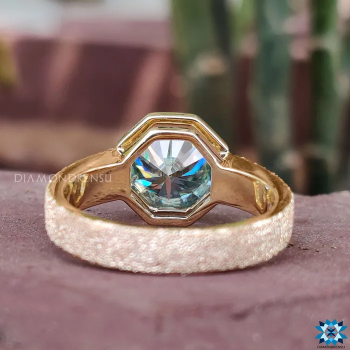 Diamondrensu Rings Sandblast Bezel Setting with 342 CT Cyan Blue Octagon Moissanite Engagement Ring
