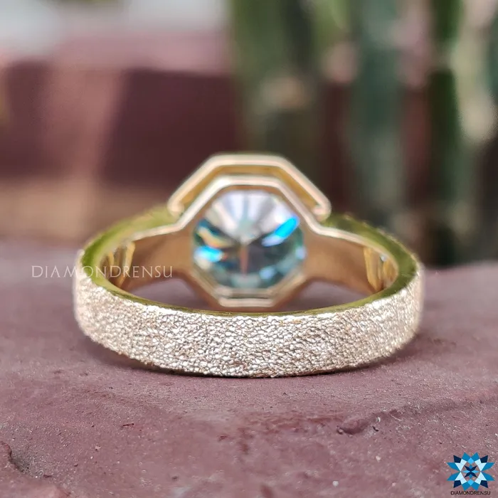 Diamondrensu Rings Sandblast Bezel Setting with 342 CT Cyan Blue Octagon Moissanite Engagement Ring