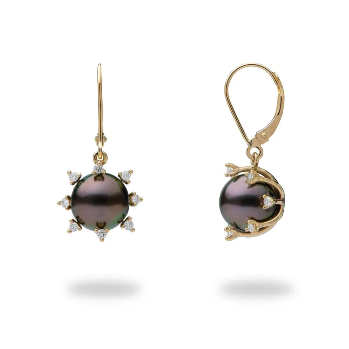 Earrings Protea Tahitian Black Pearl Earrings in Gold with Diamonds 910mm Maui Divers Jewelry