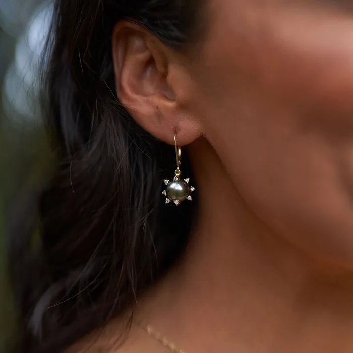 Earrings Protea Tahitian Black Pearl Earrings in Gold with Diamonds 910mm Maui Divers Jewelry