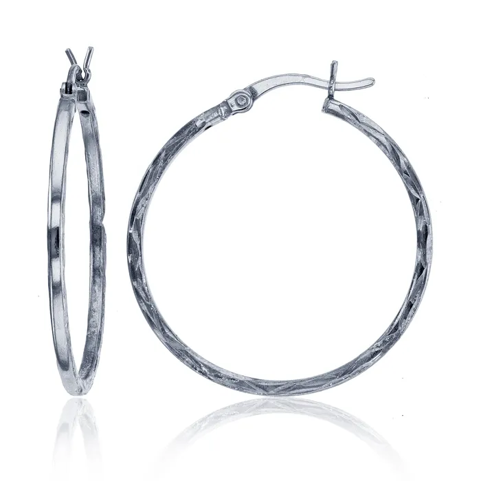 Earrings Silver Sterling Silver Rhodium 30x2mm Diamond Cut Hoop Earring