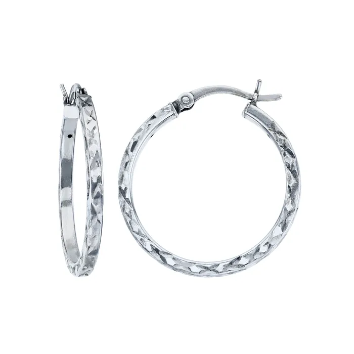Earrings Silver Sterling Silver X Diamond Cut Polished Hoop Earrings for Women 2x25mm Round Hoop Earrings Secure Snap Bar Closure Shiny Classic Earrings