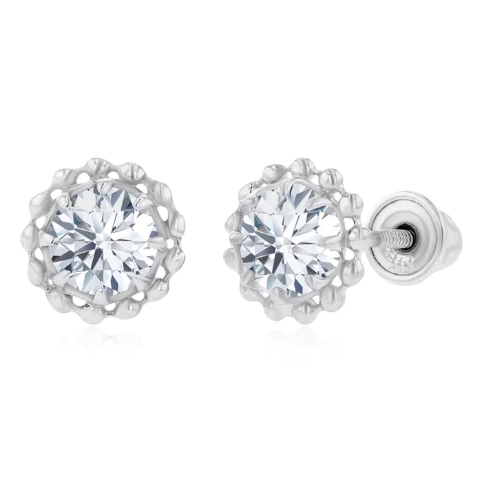 Earrings Sterling Silver Rhodium 4mm Round Amethyst Textured Halo Screwback Earrings Silver Earrings Sterling Silver Rhodium 4mm Round Amethyst Textured Halo Screwback Earrings Silver