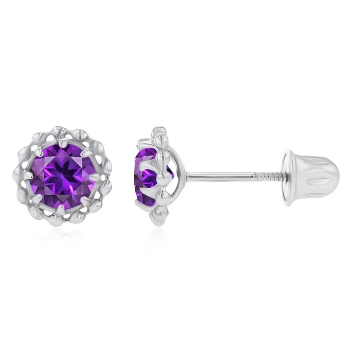 Earrings Sterling Silver Rhodium 4mm Round Amethyst Textured Halo Screwback Earrings Silver Earrings Sterling Silver Rhodium 4mm Round Amethyst Textured Halo Screwback Earrings Silver