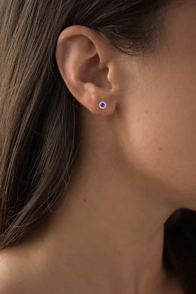 Earrings Sterling Silver Rhodium 4mm Round Amethyst Textured Halo Screwback Earrings Silver Earrings Sterling Silver Rhodium 4mm Round Amethyst Textured Halo Screwback Earrings Silver
