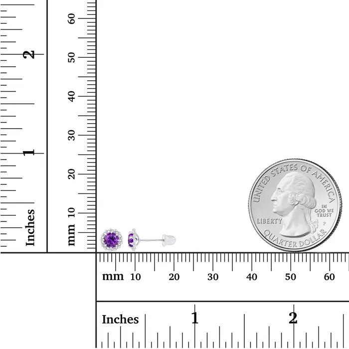 Earrings Sterling Silver Rhodium 4mm Round Amethyst Textured Halo Screwback Earrings Silver Earrings Sterling Silver Rhodium 4mm Round Amethyst Textured Halo Screwback Earrings Silver
