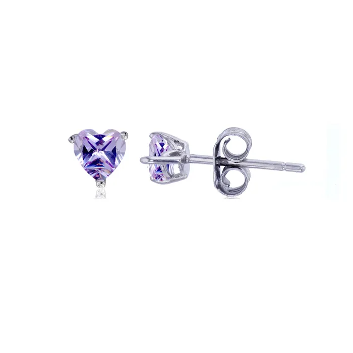 Earrings Sterling Silver Rhodium 4x4mm AAA Lavender Heart Solitaire Stud Silver Earrings Sterling Silver Rhodium 4x4mm AAA Lavender Heart Solitaire Stud Silver