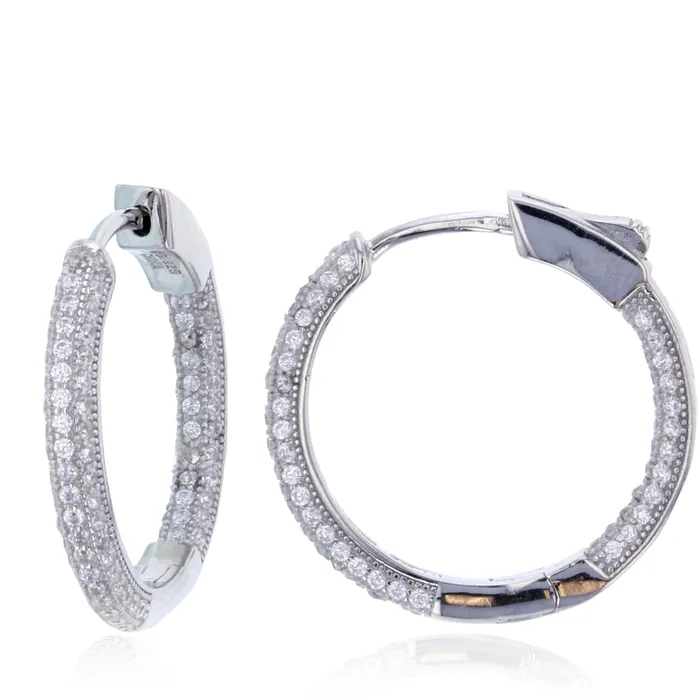 Earrings Sterling Silver Rhodium Micropave 5x20mm Safety Lock Hoop Earring Silver Earrings Sterling Silver Rhodium Micropave 5x20mm Safety Lock Hoop Earring Silver