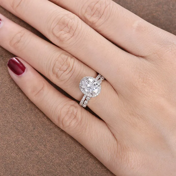 Flawless Moissanite Rings Classic Oval Cut Halo Bridal Ring Set Flawless Moissanite Rings Classic Oval Cut Halo Bridal Ring Set