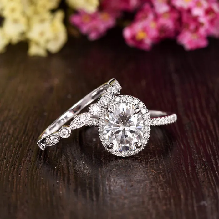 Flawless Moissanite Rings Classic Oval Cut Halo Bridal Ring Set Flawless Moissanite Rings Classic Oval Cut Halo Bridal Ring Set