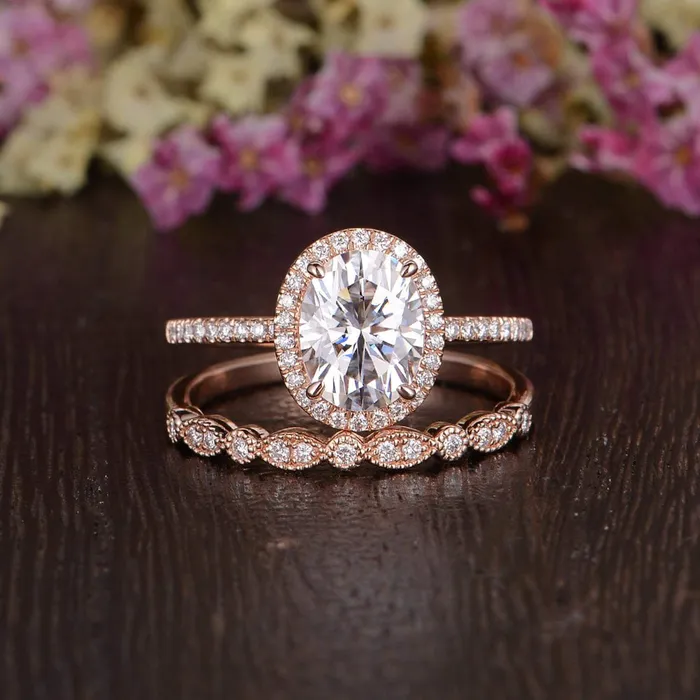 Flawless Moissanite Rings Classic Oval Cut Halo Bridal Ring Set Flawless Moissanite Rings Classic Oval Cut Halo Bridal Ring Set