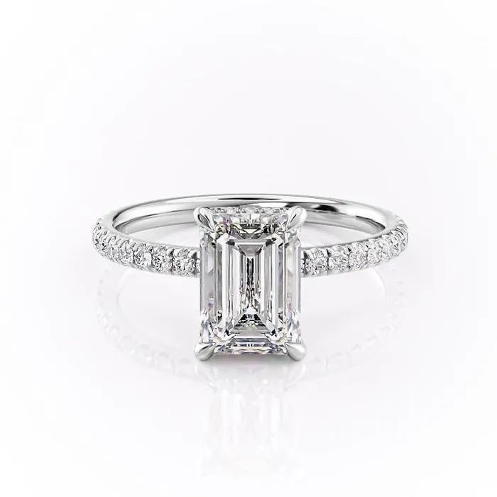 Flawless Moissanite Rings Emerald Cut Moissanite Ring Hidden Halo