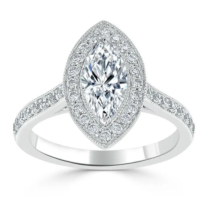 Flawless Moissanite Rings Marquise Cut Moissanite Halo Engagement Ring Tiffany Style
