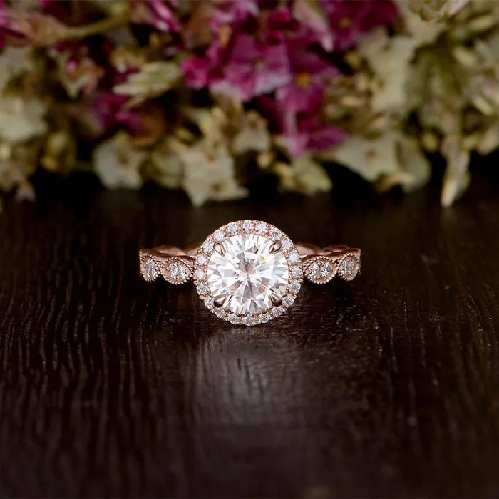 Flawless Moissanite Rings Round Cut Moissanite Engagement Ring Art Deco Halo Design Flawless Moissanite Rings Round Cut Moissanite Engagement Ring Art Deco Halo Design