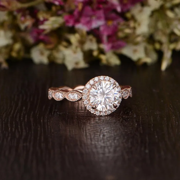 Flawless Moissanite Rings Round Cut Moissanite Engagement Ring Art Deco Halo Design