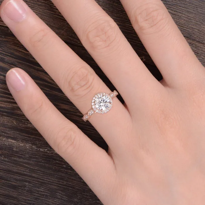 Flawless Moissanite Rings Round Cut Moissanite Engagement Ring Art Deco Halo Design
