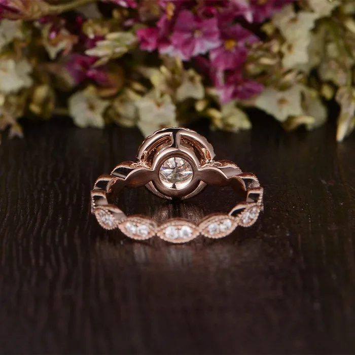Flawless Moissanite Rings Round Cut Moissanite Engagement Ring Art Deco Halo Design