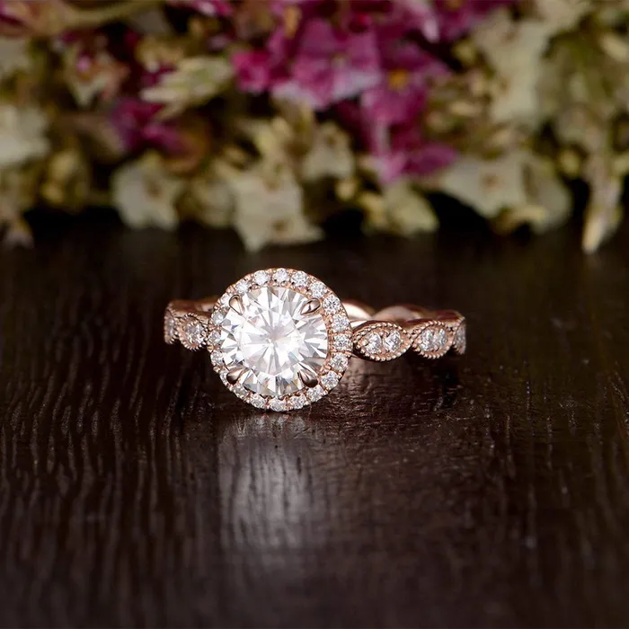 Flawless Moissanite Rings Round Cut Moissanite Engagement Ring Art Deco Halo Design