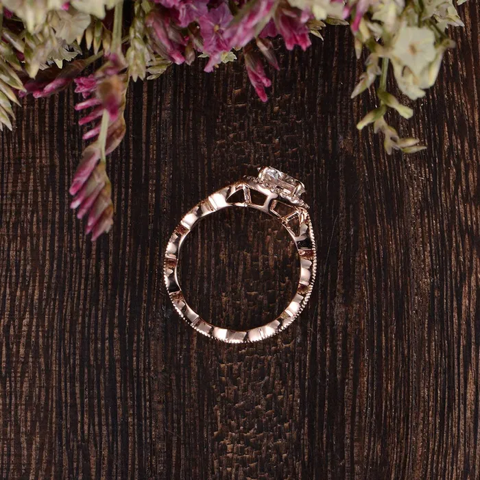 Flawless Moissanite Rings Round Cut Moissanite Engagement Ring Art Deco Halo Design