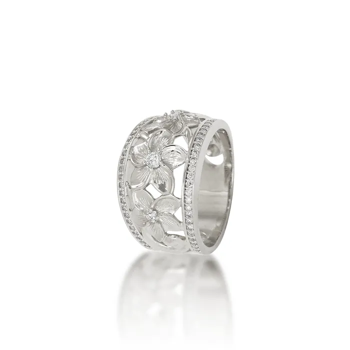 Hawaiian Heirloom Plumeria Ring in White Gold with Diamonds 13mm Maui Divers Jewelry Rings Hawaiian Heirloom Plumeria Ring in White Gold with Diamonds 13mm Maui Divers Jewelry Rings