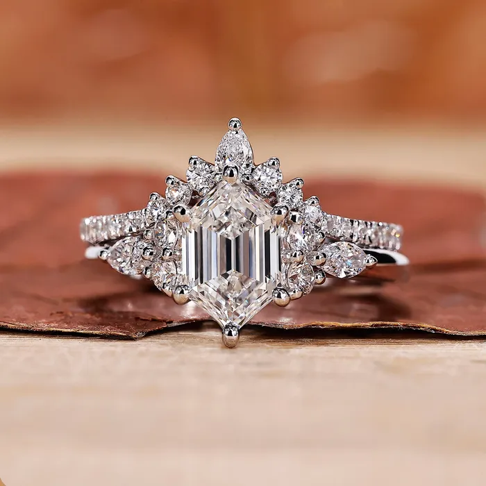 Hexagon Diamond Ring Curved Wedding Band Set Diamondrensu Rings