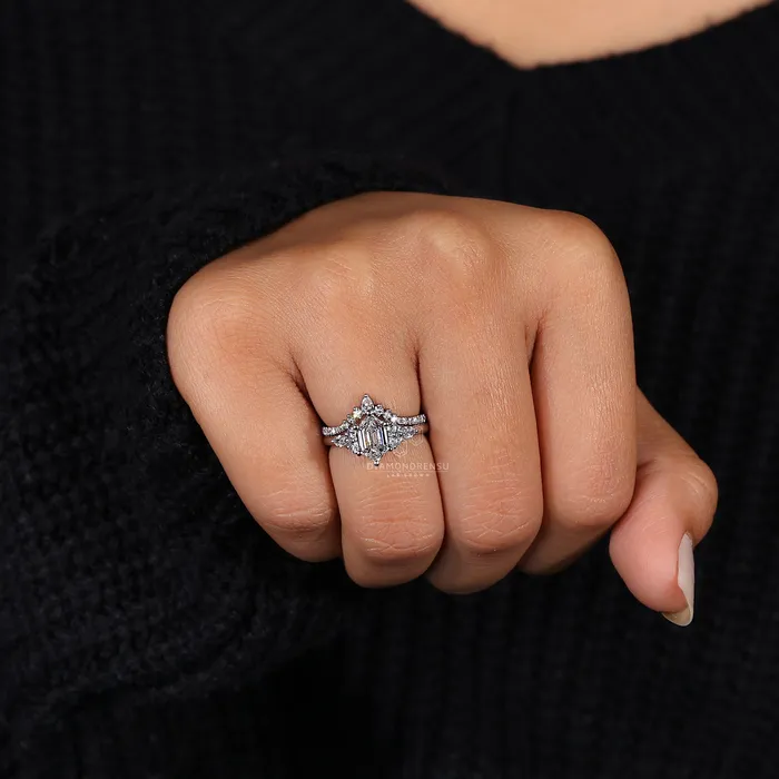 Hexagon Diamond Ring Curved Wedding Band Set Diamondrensu Rings