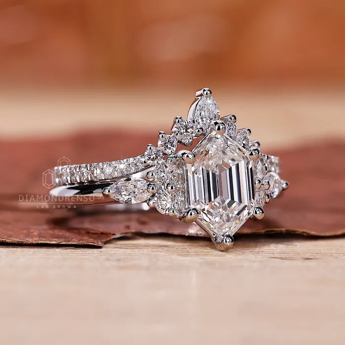 Hexagon Diamond Ring Curved Wedding Band Set Diamondrensu Rings