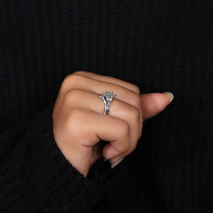 Hexagon Diamond Ring Curved Wedding Band Set Diamondrensu Rings