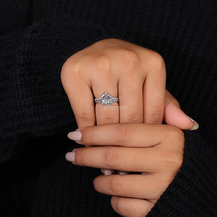 Hexagon Diamond Ring Curved Wedding Band Set Diamondrensu Rings
