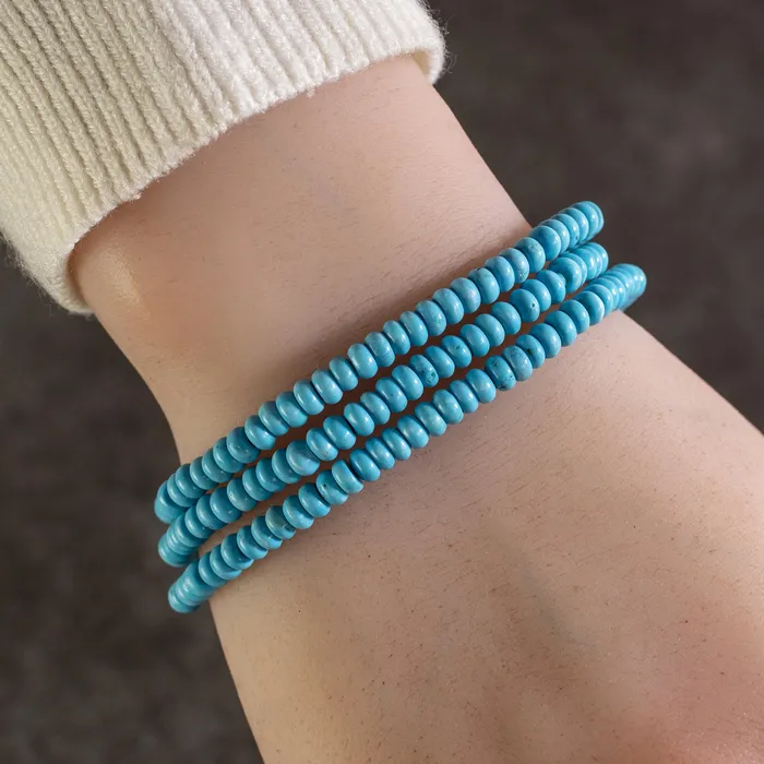 Kalifano Bracelets Turquoise Disc Gemstone Triple Wrap Elastic Bracelet