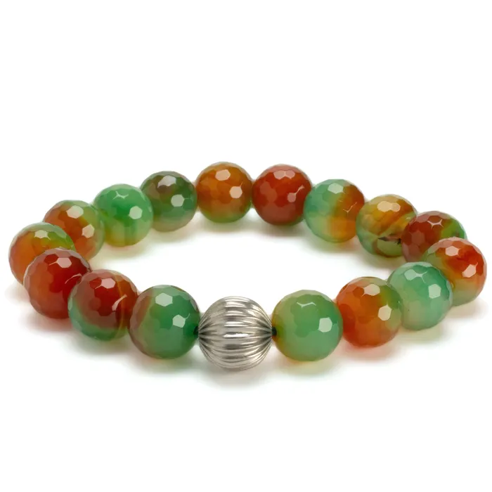 Kalifano Faceted Agate 12mm Gemstone Bead Elastic Bracelet with Silver Accent Bead Bracelets Kalifano Faceted Agate 12mm Gemstone Bead Elastic Bracelet with Silver Accent Bead Bracelets