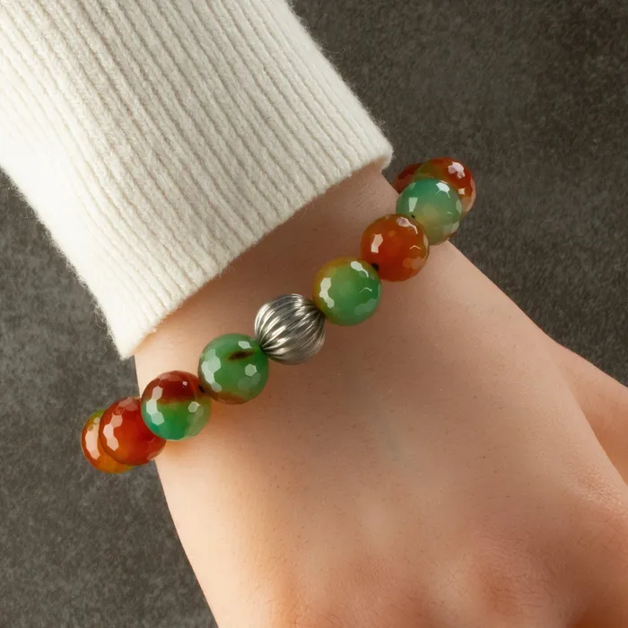 Kalifano Faceted Agate 12mm Gemstone Bead Elastic Bracelet with Silver Accent Bead Bracelets