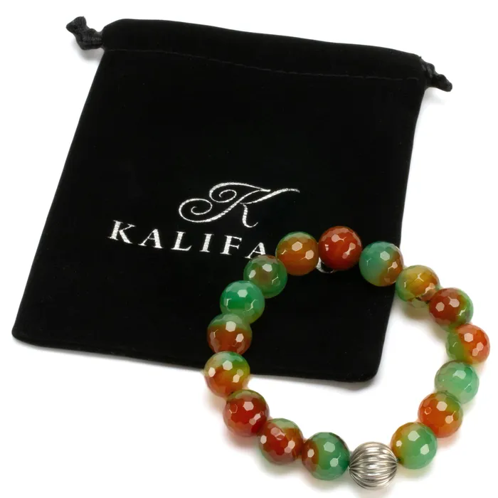 Kalifano Faceted Agate 12mm Gemstone Bead Elastic Bracelet with Silver Accent Bead Bracelets