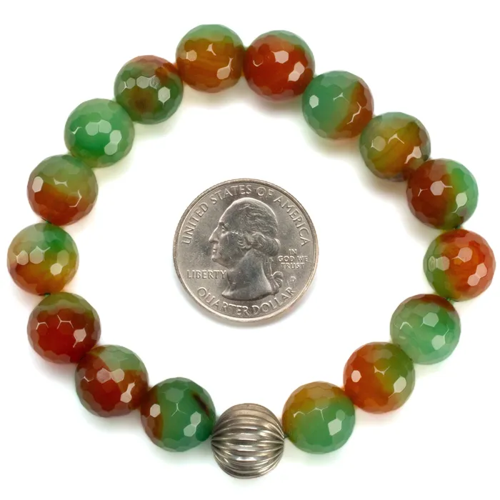 Kalifano Faceted Agate 12mm Gemstone Bead Elastic Bracelet with Silver Accent Bead Bracelets