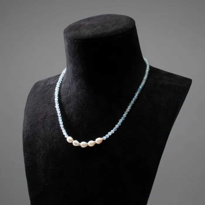 KALIFANO Necklaces 4mm Faceted Aquamarine Bead Necklace with 5 Pearls with 925 Silver Clasp