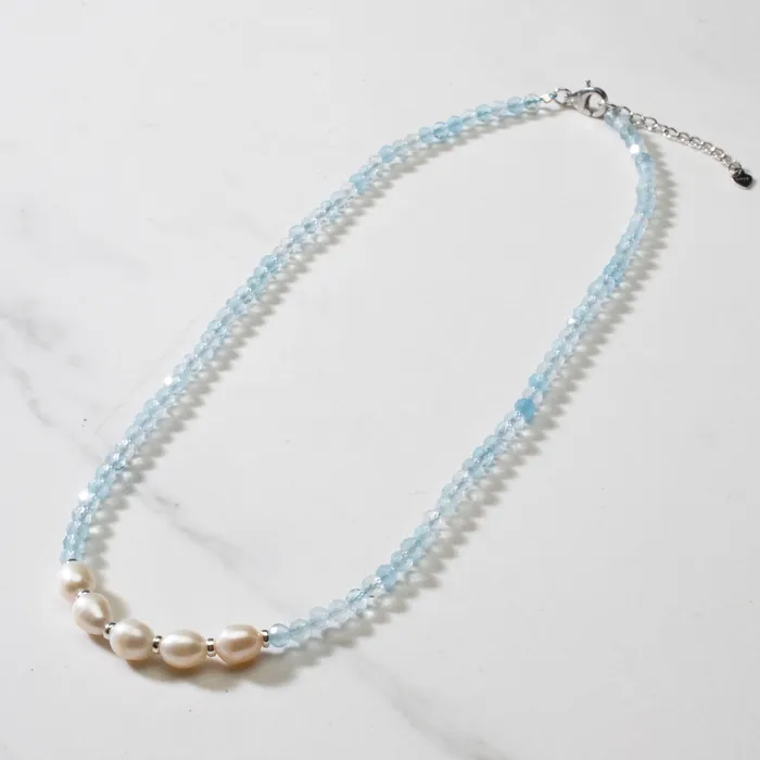 KALIFANO Necklaces 4mm Faceted Aquamarine Bead Necklace with 5 Pearls with 925 Silver Clasp
