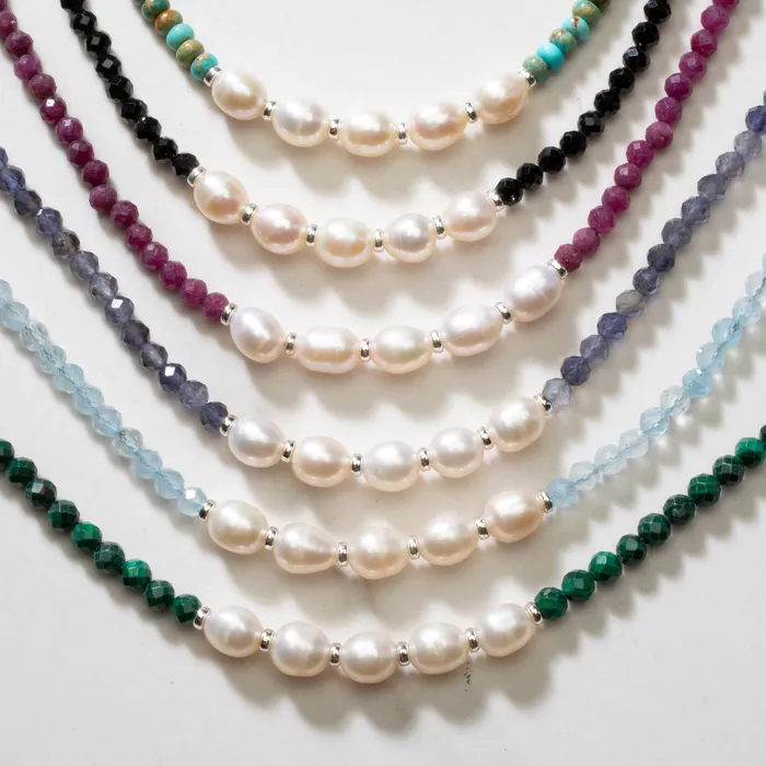 KALIFANO Necklaces 4mm Faceted Aquamarine Bead Necklace with 5 Pearls with 925 Silver Clasp