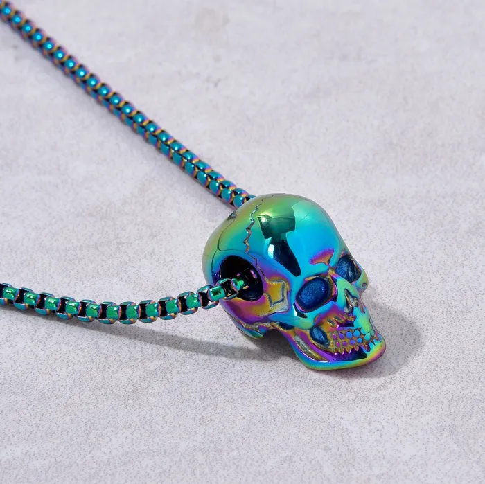 Kalifano Necklaces Aurora Borealis Skull Steel Hearts Necklace